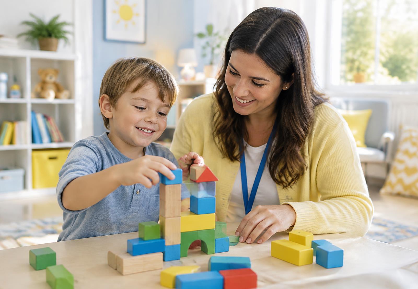 A smiling child building a block tower with a therapist